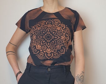 Bleached T-shirt with mandala pattern, vintage design T-shirt with lace, Gothic T-shirt, black made of cotton