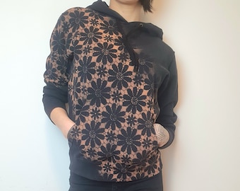 Felpa con cappuccio e pizzo floreale, maglione con motivo mandala all'uncinetto sbiancato, abbigliamento boho vintage, Natale