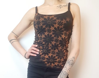 Gebleichtes Top mit Blumenmuster, Vintagedesign cut out Top mit Spitze, Gothic Top schwarz aus Baumwolle, XS-XL