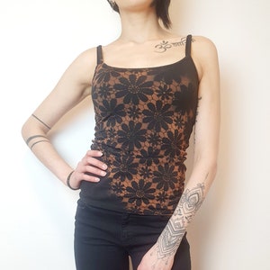 Bleached top with floral pattern, vintage design cut out top with lace, black gothic top made of cotton, XS-XL