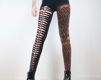 Cut out Leggings geflochten mit Blumenspitze und Mandalamuster gebleicht, Festivaloutfit, Weihnachtsgeschenk