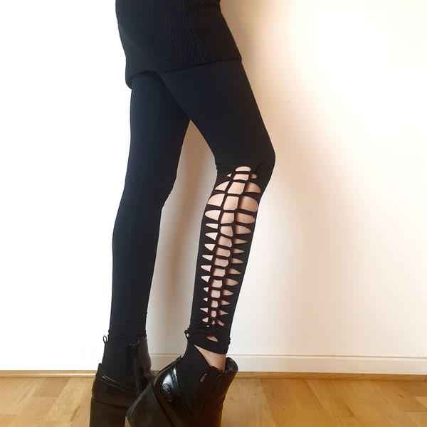 Lower leg cut out leggings braided on the side, black, cotton, festival outfit