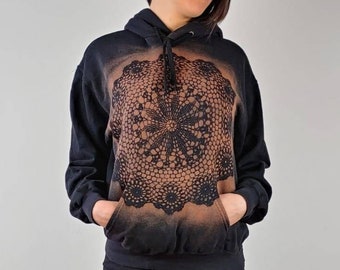 Pull avec dentelle, sweat à capuche motif crochet blanchi, vêtement boho vintage mandala, sweat à capuche gothique, motif floral, coton, noir