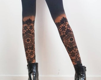 Leggings with floral mandala lace bleached on lower leg, oversize plussize curvy, winter leggings, Christmas leggings