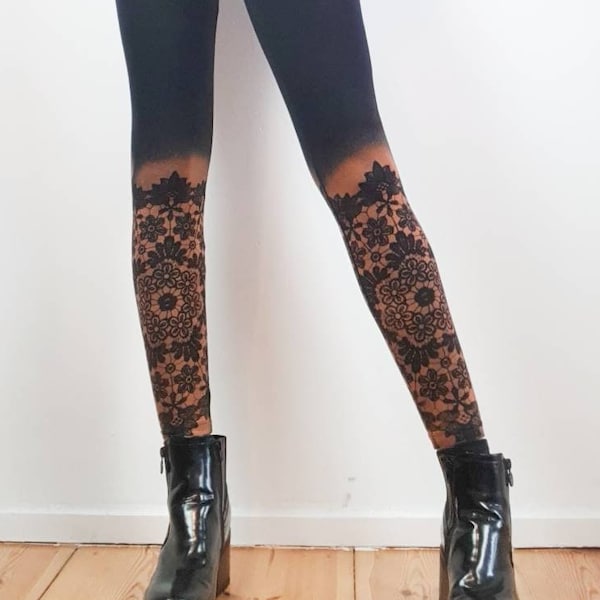 Leggings with floral mandala lace bleached on lower leg, oversize plussize curvy, winter leggings, Christmas leggings