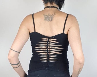 Gothic cut out top braided, black, festival outfit, cotton, backless