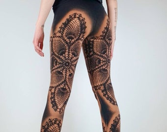 Crochet pattern leggings with floral lace, erotic spring leggings