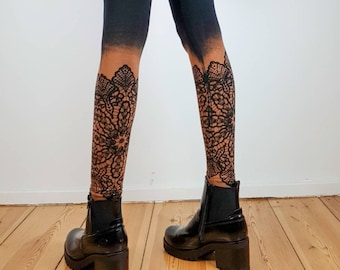 Leggings with mandala flowers lace bleached on lower leg, overzise plusize curvy, winter leggings, christmas leggings