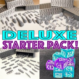 Peut inclure: Un pack de démarrage de luxe pour un jeu de société, comprenant des pièces en plastique gris dans des conteneurs, et des dés colorés avec les mots "Spin", "Shift" et "Slide".