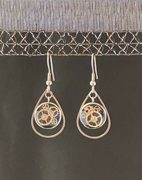 Dangle Earrings Steampunk Gold Gears jewelry Hoop Earrings