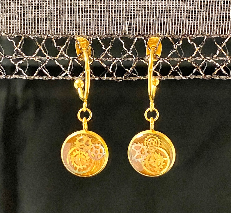 Dangle Earrings Steampunk Gold Gears jewelry Hoop Earrings