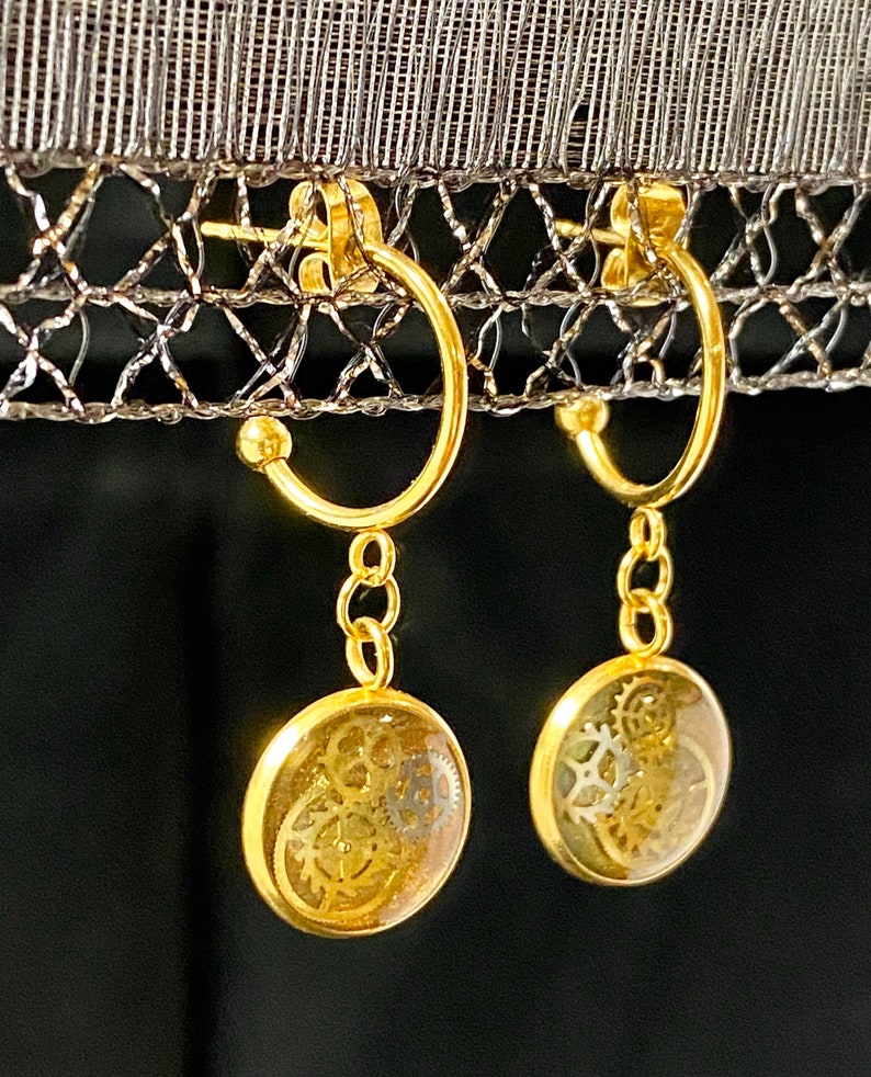 Dangle Earrings Steampunk Gold Gears jewelry Hoop Earrings