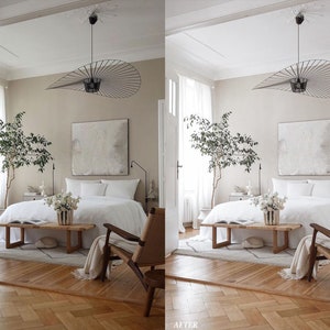 Puede incluir: Un dormitorio blanco con una cama grande, una alfombra blanca, un banco de madera y una silla. Hay una planta grande en la esquina de la habitaci&oacute;n y una l&aacute;mpara negra colgando del techo.