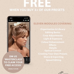 以下が含まれることがあります： ピンクとベージュのグラフィックに「OUR MASTERCLASS FREE WHEN YOU BUY 3+ OF OUR PRESETS」というテキストが書かれています。携帯電話の画面には、ヘアスタイルとメイクのチュートリアルをしている女性が映っています。「DM US 'MASTERCLASS' TO CLAIM YOUR FREE ACCESS! USUALLY $19.95」というテキストが白い円の中に書かれています。「ELEVEN MODULES COVERING: Organisation & Library Editing Basics Crop Adjustments Light & Exposure Colour Enhancement Effects Details Optical Control Creating Your Own Presets Share & Exporting Speed Editing」というテキストが画像の右側に書かれています。「BE THE BEST IN YOUR FIELD, LEVEL UP ON INSTAGRAM & TIKTOK #THELOSTTRIBE」というテキストが画像の下部に書かれています。画像の右側に、キツネの白黒イラストと「the lost tribe」というテキストが書かれています。