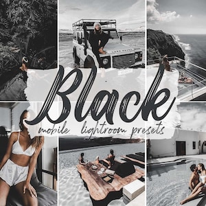 Puede incluir: Un collage de fotos en blanco y negro con una mujer en traje de baño blanco, un coche, una piscina y una vista del océano. El texto "Black mobile lightroom presets" está superpuesto a la imagen.