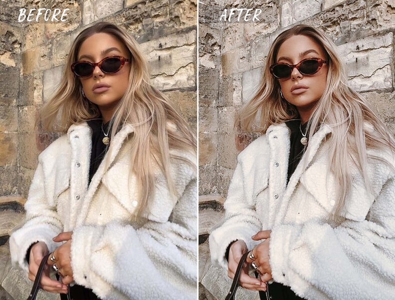 May include: A woman wearing a white shearling jacket with a black turtleneck underneath. She is wearing brown oval sunglasses and has long blonde hair. She is holding a black bag in her left hand.