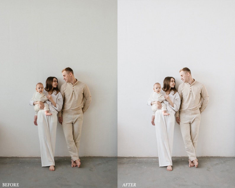 Puede incluir: Una familia de tres personas de pie frente a una pared blanca. Los padres visten ropa beige y el ni&ntilde;o viste ropa blanca. Los padres se miran y el ni&ntilde;o mira a la c&aacute;mara.