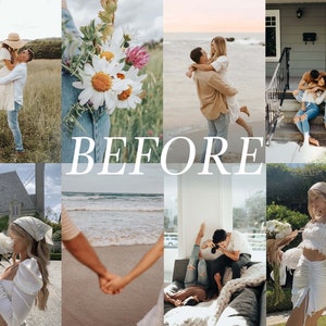 Puede incluir: Un collage de im&aacute;genes con parejas en diferentes entornos, incluyendo un campo, una playa, una casa y un sof&aacute;. Las im&aacute;genes est&aacute;n dispuestas en una cuadr&iacute;cula y la palabra "ANTES" est&aacute; escrita en letras blancas grandes en el medio del collage.