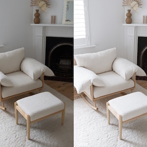 Puede incluir: Una silla mecedora blanca con un coj&iacute;n blanco esponjoso y un reposapi&eacute;s blanco a juego. La silla y el reposapi&eacute;s est&aacute;n frente a una chimenea blanca con un hogar negro.