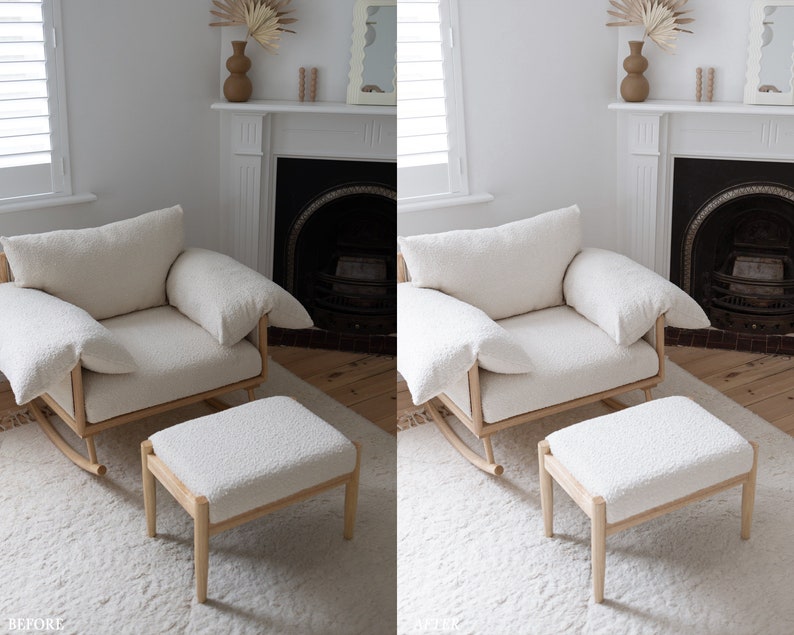 Puede incluir: Una silla mecedora blanca con un coj&iacute;n blanco esponjoso y un reposapi&eacute;s blanco a juego. La silla y el reposapi&eacute;s est&aacute;n frente a una chimenea blanca con un hogar negro.