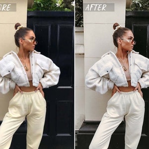 May include: A woman wearing a white fuzzy cropped jacket, cream-colored pants, and sunglasses. She is standing in front of a white wall and a black door.