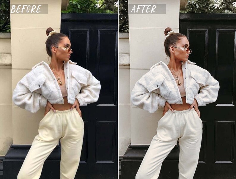 May include: A woman wearing a white fuzzy cropped jacket, cream-colored pants, and sunglasses. She is standing in front of a white wall and a black door.