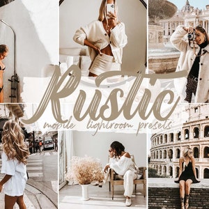 Puede incluir: Un collage de imágenes con personas en diferentes entornos. Las imágenes están editadas con un filtro cálido y rústico. El texto "Rustic mobile lightroom presets" está superpuesto en las imágenes.