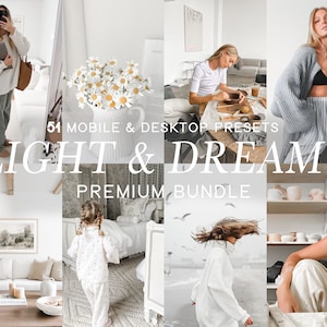 以下が含まれることがあります： 「Light & Dreamy Premium Bundle」と呼ばれる、51種類のモバイルおよびデスクトッププリセットのコレクションを紹介する画像のコラージュです。画像には、白いセーターと緑色のパンツを着た女性、白いシャツを着て陶芸をしている女性、灰色のセーターと白いパンツを着た女性、白とピンクの模様のドレスを着た少女、白いセーターを着て髪が風になびいている女性、白いジャンプスーツを着て白い表面に座っている女性など、さまざまな設定の人々が写っています。