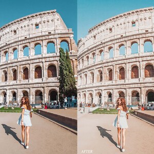 Op de afbeelding: Een vrouw in een gestreepte jurk staat voor het Colosseum in Rome, Itali&euml;. Het Colosseum is een groot, oud amfitheater van steen.