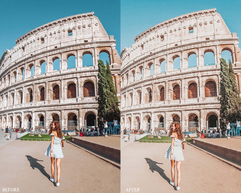 Op de afbeelding: Een vrouw in een gestreepte jurk staat voor het Colosseum in Rome, Itali&euml;. Het Colosseum is een groot, oud amfitheater van steen.