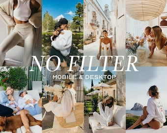 May include: A collage of images featuring people in various settings, with the text "NO FILTER MOBILE & DESKTOP" displayed prominently. The images showcase a variety of styles and aesthetics, including a woman in a white tank top and cardigan, a woman in a white dress, and a woman in a white shirt.