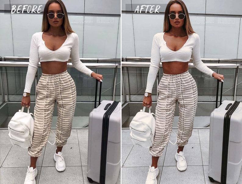 May include: A woman wearing a white crop top and beige pants with a repeating pattern of the words "Modern" and "Romantics". She is carrying a white backpack and a gray suitcase.