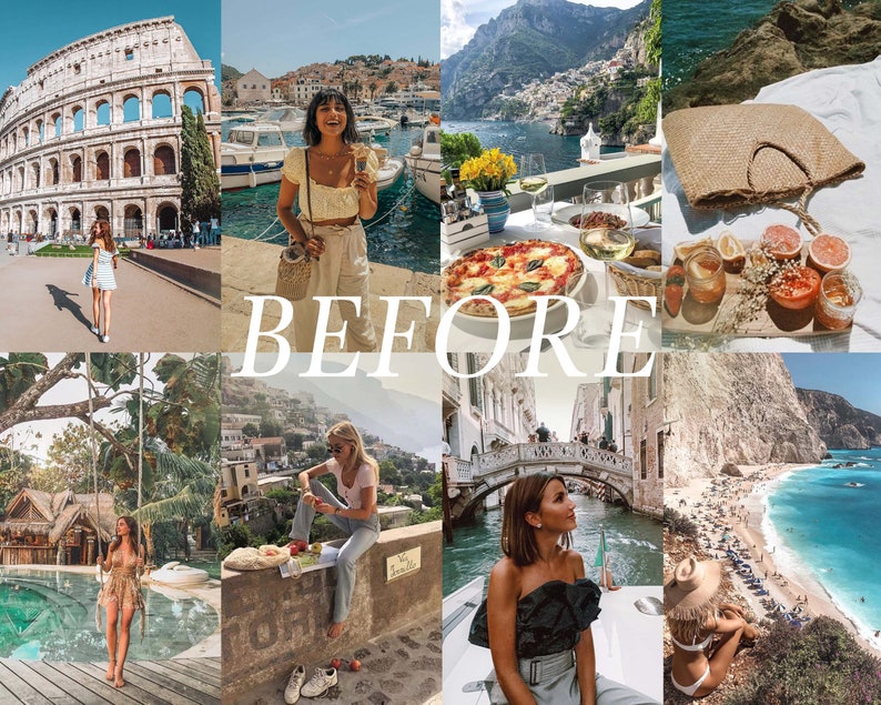 Op de afbeelding: Een collage van afbeeldingen met reisbestemmingen in Itali&euml;. De afbeeldingen omvatten het Colosseum, een haven met boten, een restaurant met een pizza, een strand met turquoise water en een vrouw op een boot. De tekst "VOOR" is over de afbeeldingen gelegd.
