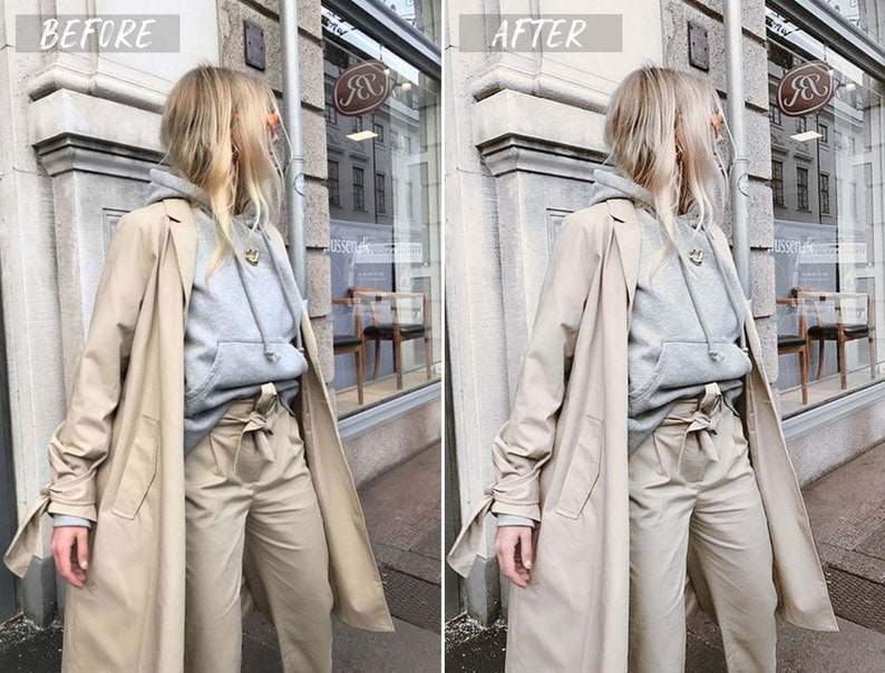 May include: A woman wearing a gray hooded sweatshirt, beige pants, and a beige trench coat. She is standing in front of a storefront with a sign that says "J&J".
