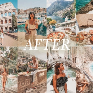 Op de afbeelding: Een collage van afbeeldingen met reisbestemmingen, waaronder het Colosseum in Rome, een kustplaats in Itali&euml;, een strandsc&egrave;ne en een vrouw met een strohoed. De afbeeldingen zijn bewerkt met een warm, vintage filter.