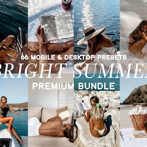 Peut inclure: Un ensemble de 66 préréglages photo pour mobile et ordinateur de bureau appelé "Bright Summer Premium Bundle". Les préréglages sont conçus pour améliorer les photos avec une esthétique estivale et lumineuse. L'image montre diverses photos de personnes profitant d'activités estivales, telles que la baignade, la lecture et la détente sur la plage.