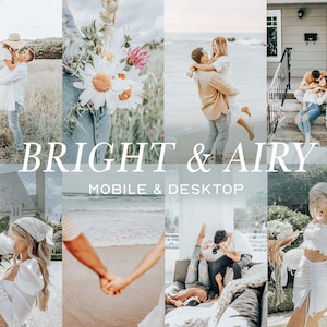 Puede incluir: Un collage de im&aacute;genes que muestran una est&eacute;tica brillante y aireada. Las im&aacute;genes presentan parejas, flores y paisajes. El texto "BRIGHT & AIRY" y "MOBILE & DESKTOP" se muestra en el centro del collage.