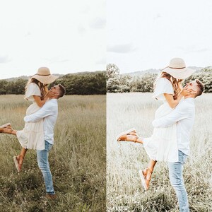 Puede incluir: Una pareja en un campo, la mujer lleva un vestido blanco y un sombrero de paja, y el hombre la sostiene en el aire. Ambos sonr&iacute;en.