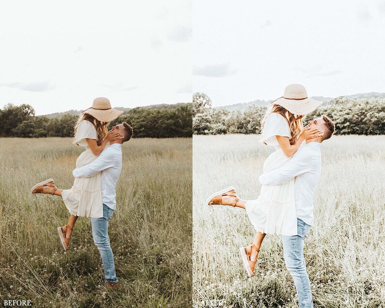 Puede incluir: Una pareja en un campo, la mujer lleva un vestido blanco y un sombrero de paja, y el hombre la sostiene en el aire. Ambos sonr&iacute;en.