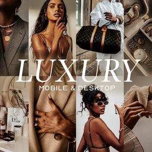 Puede incluir: Un collage de imágenes que muestran artículos de lujo, incluyendo joyas, relojes, un bolso de diseñador y ropa. Las imágenes están dispuestas en una cuadrícula con la palabra "LUXURY" en letras blancas grandes en el centro. El texto "MOBILE & DESKTOP" está debajo de la palabra "LUXURY".
