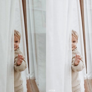 Puede incluir: Un ni&ntilde;o peque&ntilde;o asoma la cabeza por detr&aacute;s de una cortina blanca, sonriendo y mirando a la c&aacute;mara. El ni&ntilde;o lleva un jersey marr&oacute;n claro y tiene el pelo corto y casta&ntilde;o claro.