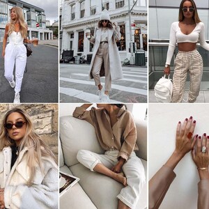 May include: A collage of images featuring women wearing different outfits. The first image shows a woman wearing white pants and a white tank top. The second image shows a woman wearing a white sweater, beige pants, and a long beige coat. The third image shows a woman wearing a white crop top, beige pants, and a white backpack. The fourth image shows a woman wearing a white jacket and sunglasses. The fifth image shows a woman wearing a beige shirt and white pants. The sixth image shows a woman's hands with red nail polish and rings.