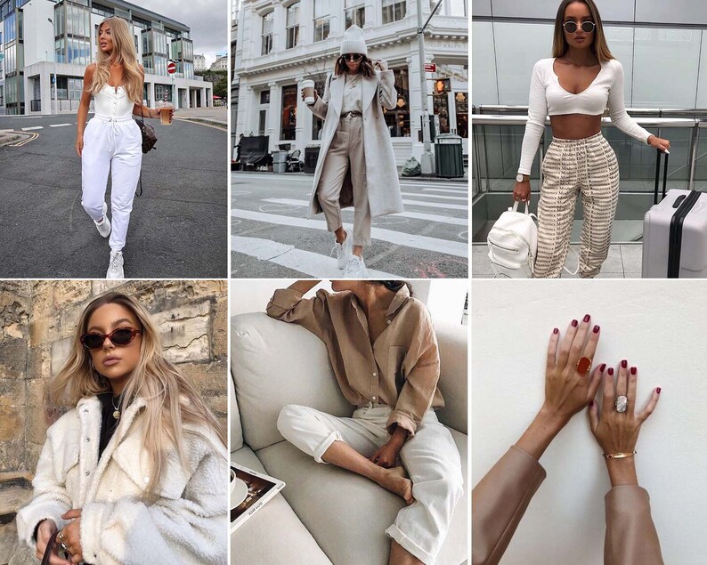 May include: A collage of images featuring women wearing different outfits. The first image shows a woman wearing white pants and a white tank top. The second image shows a woman wearing a white sweater, beige pants, and a long beige coat. The third image shows a woman wearing a white crop top, beige pants, and a white backpack. The fourth image shows a woman wearing a white jacket and sunglasses. The fifth image shows a woman wearing a beige shirt and white pants. The sixth image shows a woman's hands with red nail polish and rings.