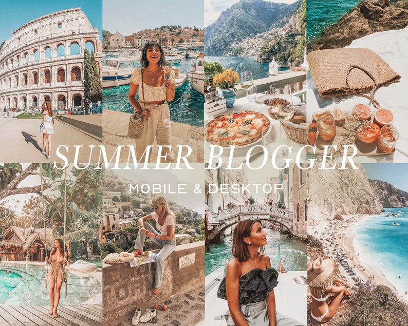 Op de afbeelding: Een collage van afbeeldingen met reisbestemmingen, waaronder het Colosseum in Rome, een pittoresk Italiaans stadje, een strand met turquoise water en een gedekte tafel met een pizza. De tekst "SUMMER BLOGGER MOBILE & DESKTOP" staat in het midden van de collage.