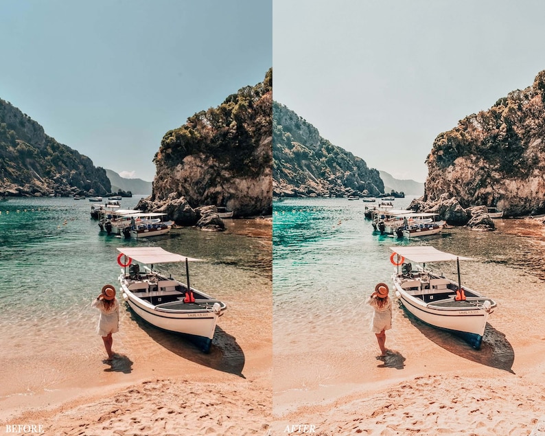 Op de afbeelding: Een vrouw in een witte jurk en een strohoed loopt over een zandstrand naar een witte boot met een wit zonnedak. De boot ligt aangemeerd in een baai met turquoise water en groene kliffen op de achtergrond.