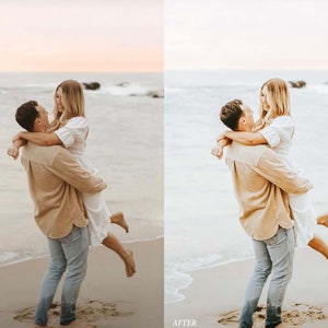 Puede incluir: Una pareja se abraza en una playa de arena con el oc&eacute;ano de fondo. El hombre sostiene a la mujer en sus brazos y ambos sonr&iacute;en. El cielo es de un color rosa y naranja suave, y el agua es de un azul claro.