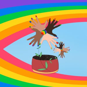 Orgulho, cartão postal 4x6 com flores modernas e arco-íris - mãos celebrando unidade, diversidade e orgulho, desenhado à mão e digitalizado