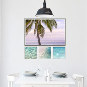 Kust, tropische muurkunst.  Bundel van 4 afbeeldingen.  Instant downloadbare kunst aan de muur, roze, blauwe zee, strand palmboom, surf digitaal bestand.