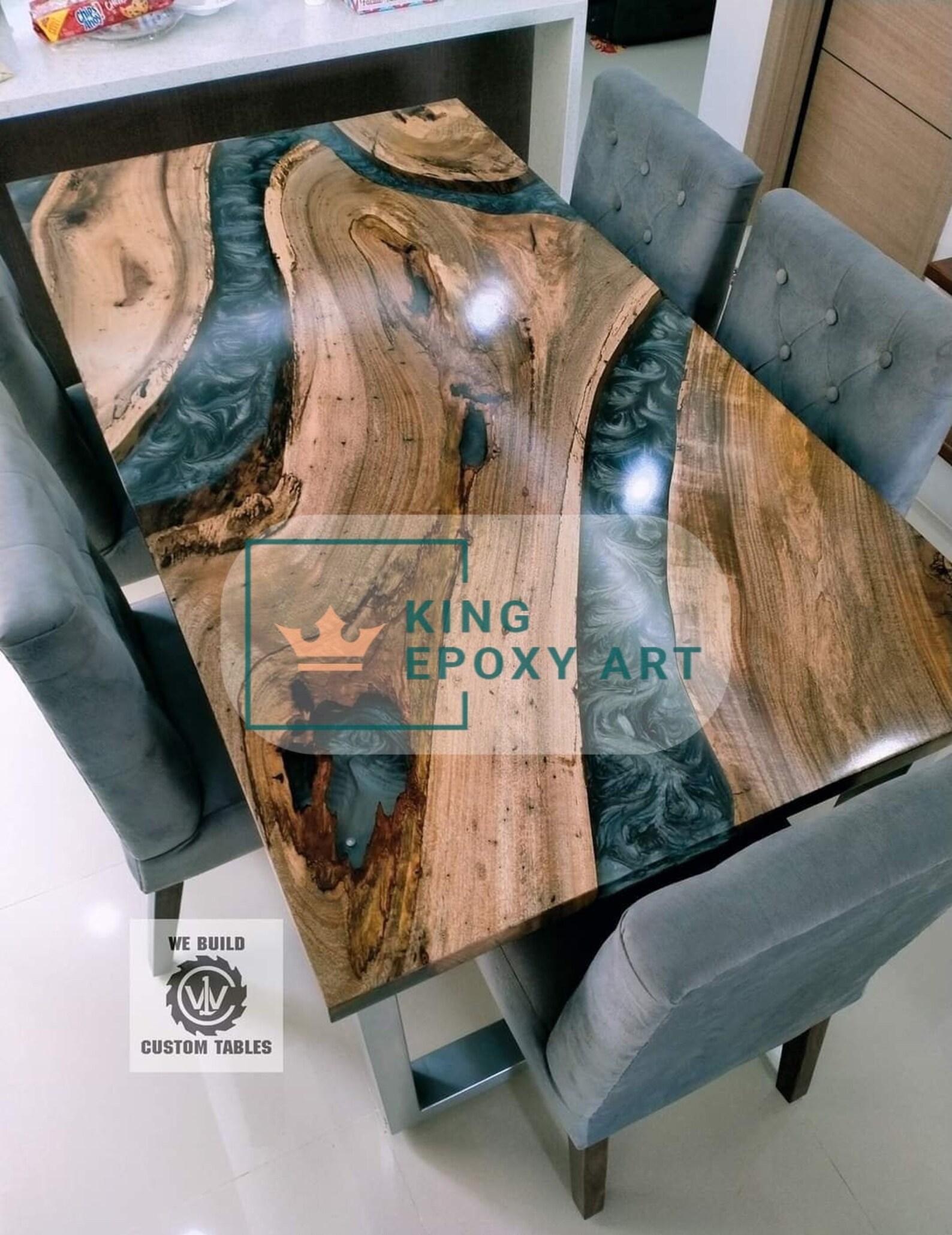 Epoxy Resin Grey River Dinning Table Top Live Edge Wood Style Etsy