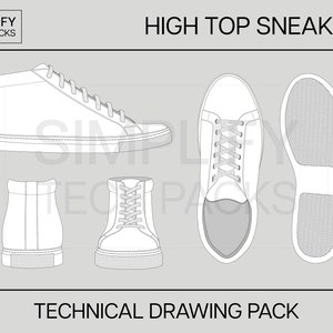 High-Top Sneaker Flat Sketch - Fashion Flats, Fashion Design, Technical Drawing, Tech Pack